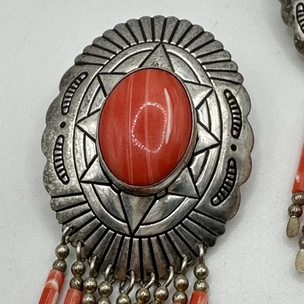 Navajo Sterling Silver Coral Dangle Earrings TK Emerson Southwestern Pierced 3